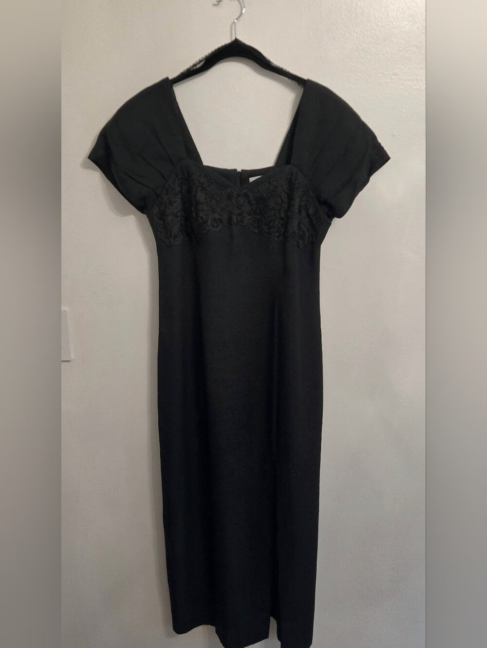 Casual Corner Vintage 90s Black Maxi Column Dress Soutache Bodice New Old Stock